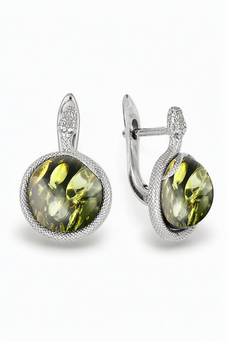 Round Green Amber Silver Earrings — DARVIN (Pre-Order)