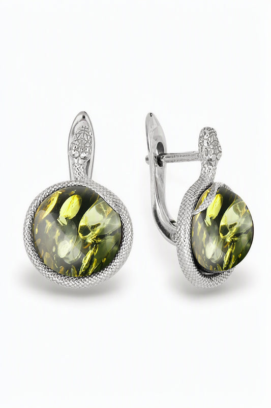 Round Green Amber Silver Earrings — DARVIN (Pre-Order)