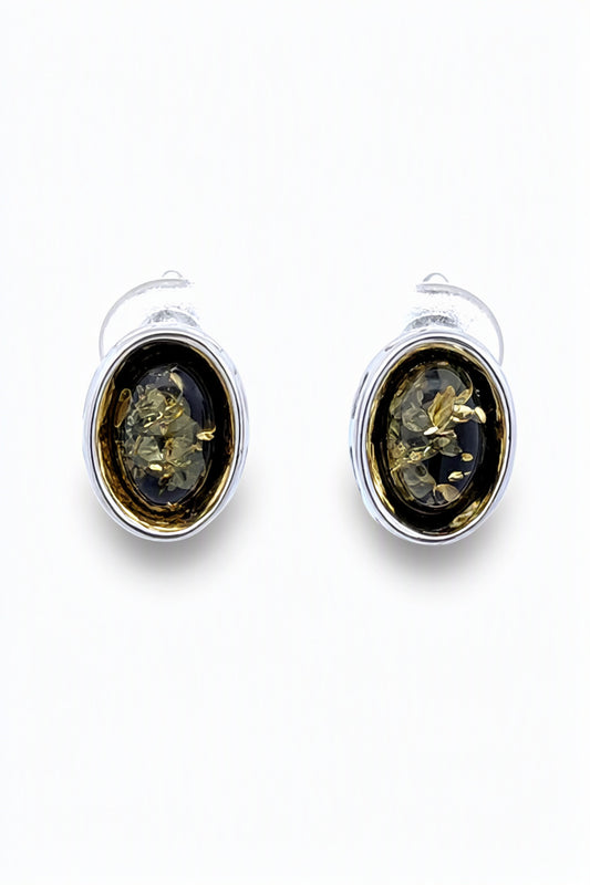 Oval Green Amber Silver Earrings — DARVIN (Pre-Order)