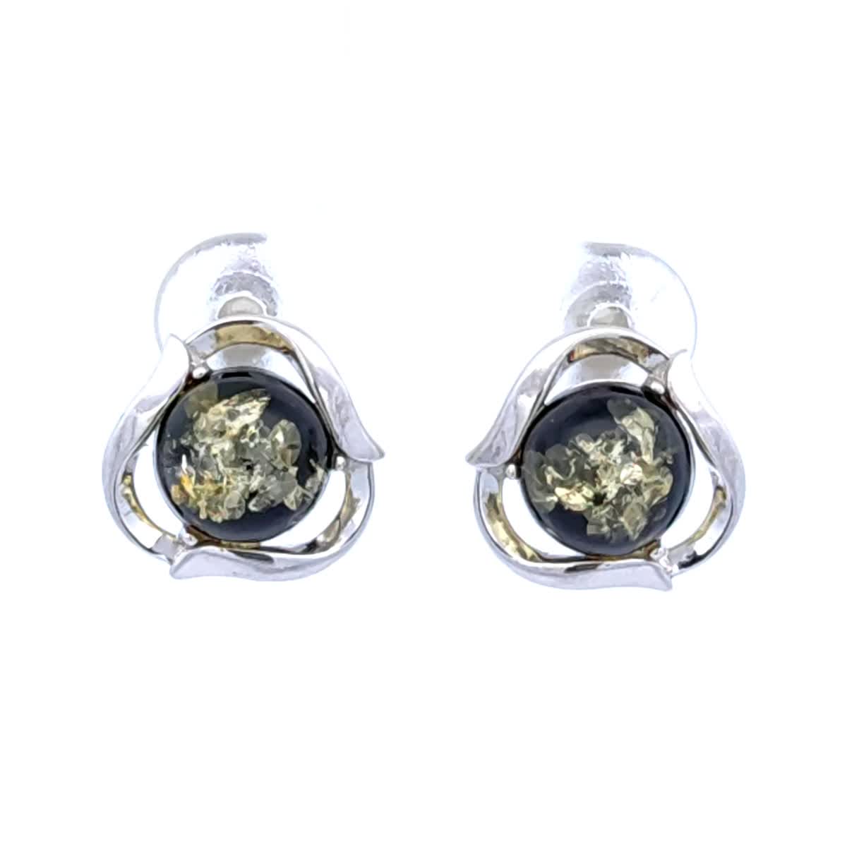 Round Green Amber Silver Earrings — DARVIN (Pre-Order)