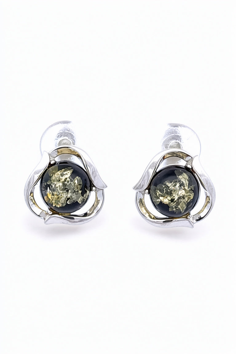 Round Green Amber Silver Earrings — DARVIN (Pre-Order)