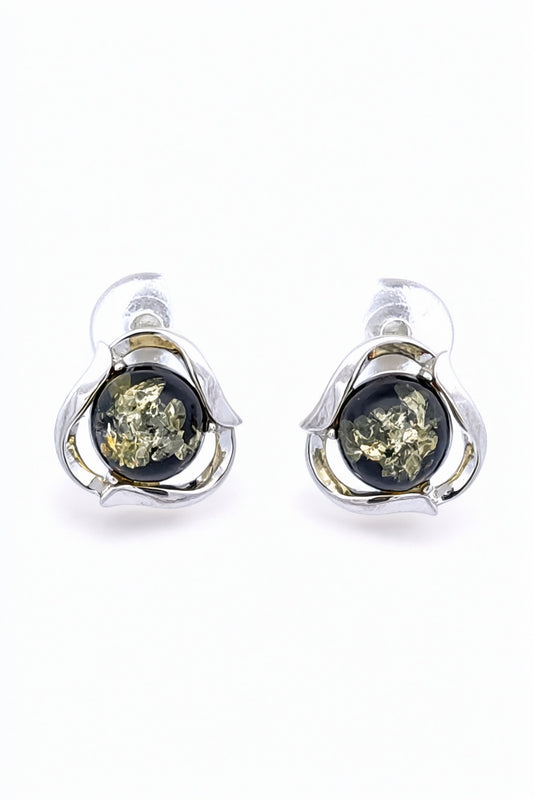 Round Green Amber Silver Earrings — DARVIN (Pre-Order)