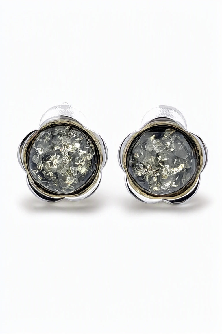 Round Green Amber Silver Earrings — DARVIN (Pre-Order)
