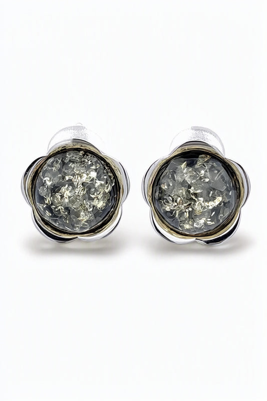 Round Green Amber Silver Earrings — DARVIN (Pre-Order)