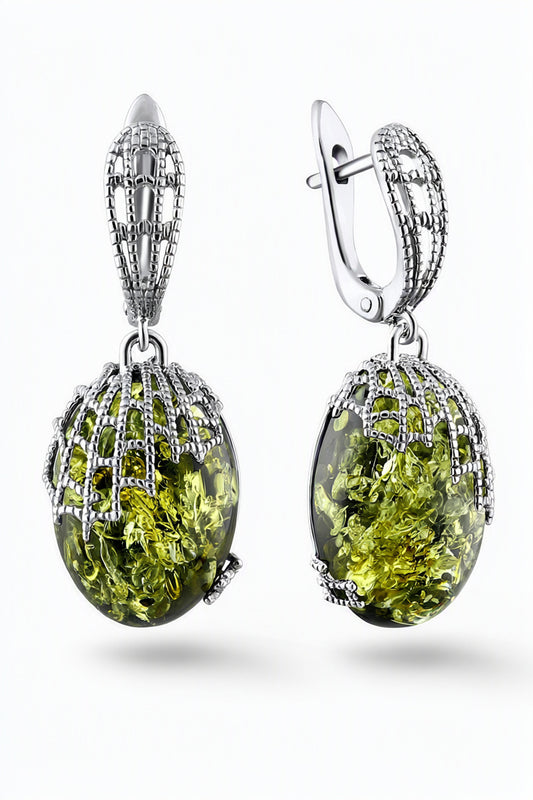 Oval Green Amber Silver Earrings — DARVIN (Pre-Order)