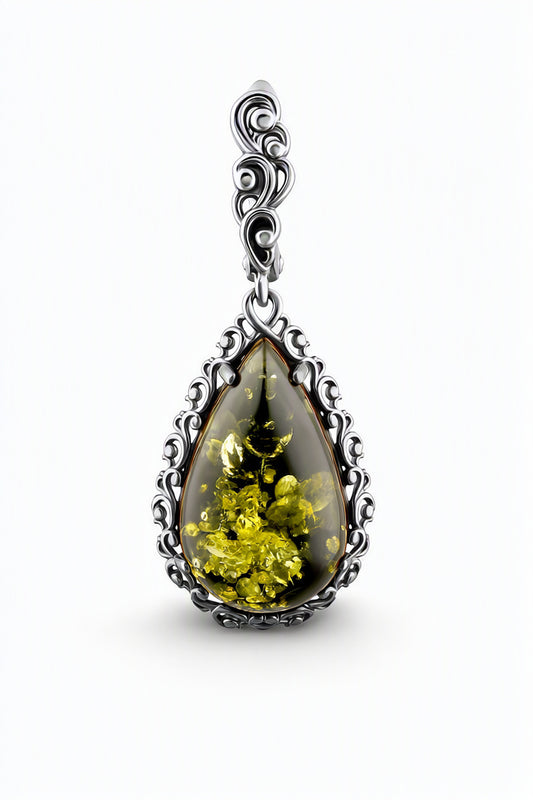 Teardrop Green Amber Silver Earrings — DARVIN (Pre-Order)