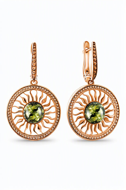 Round Green Amber Silver Earrings — DARVIN (Pre-Order)