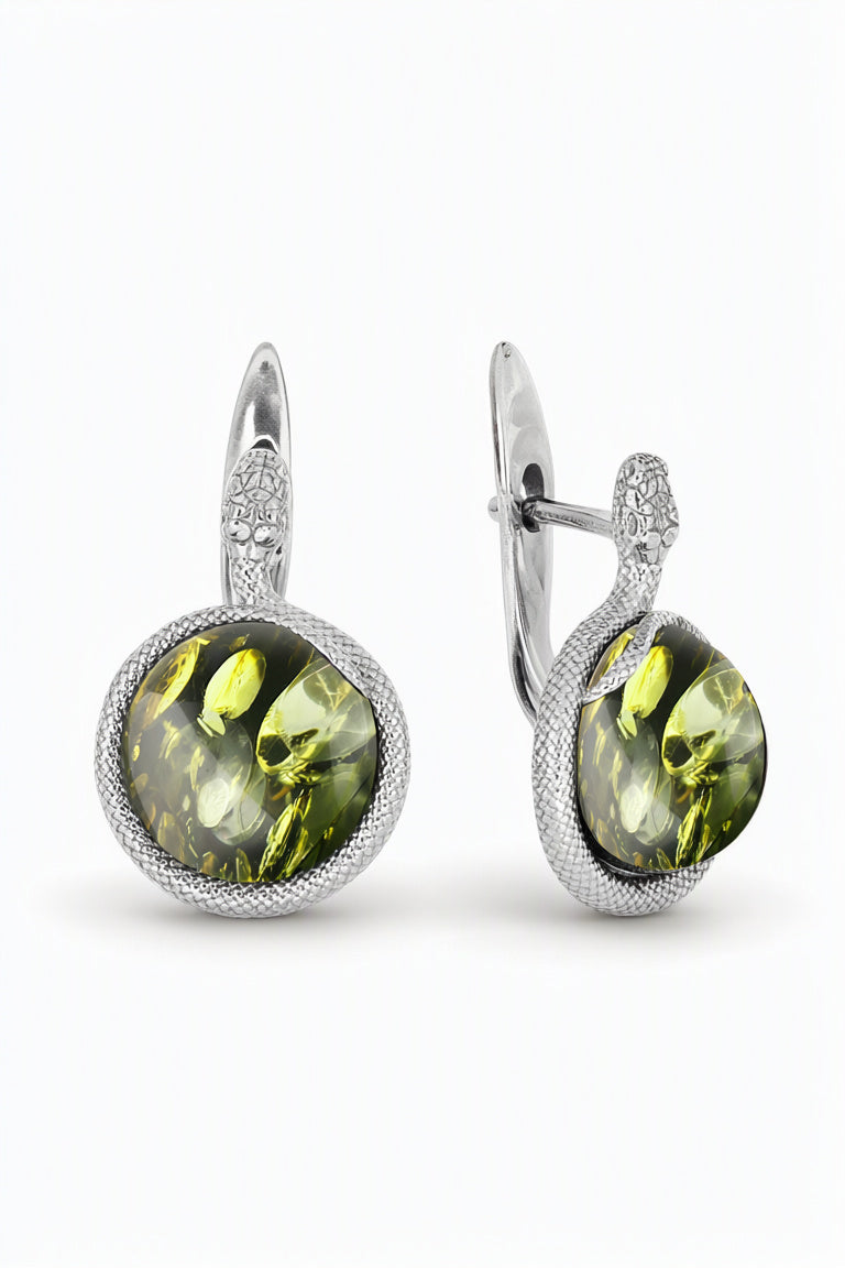Round Green Amber Silver Earrings — DARVIN (Pre-Order)