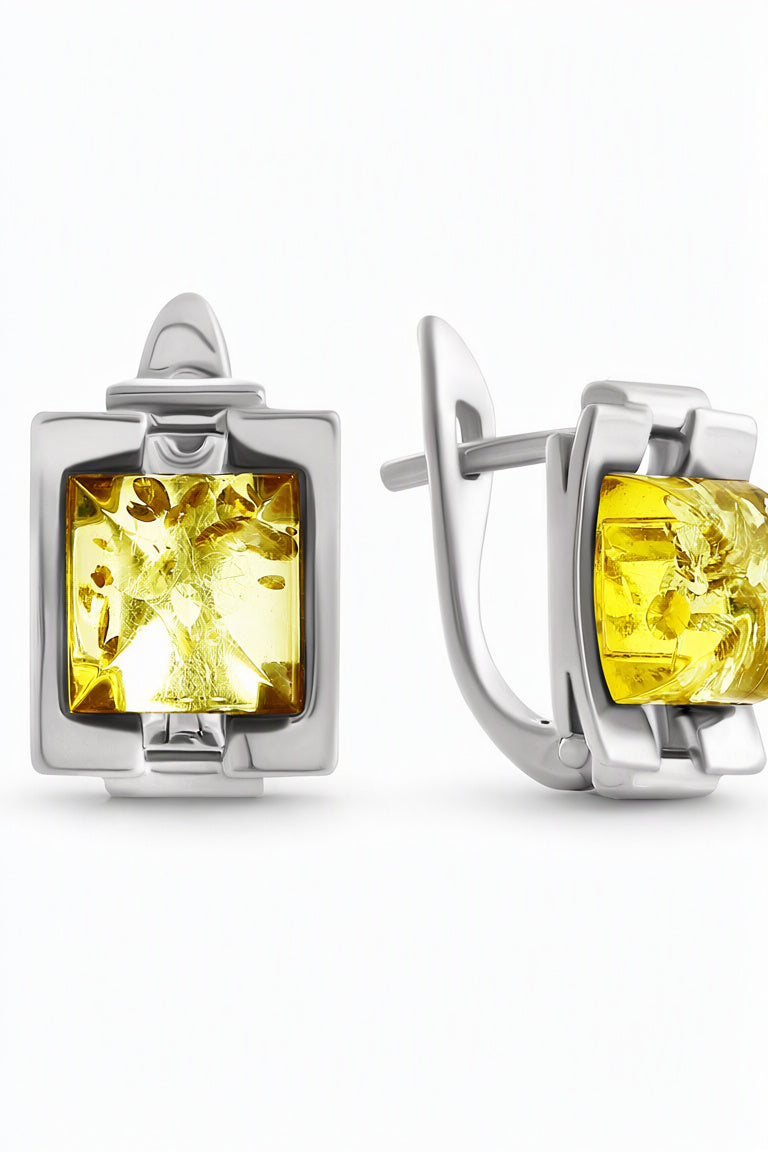 Square Lemon Amber Silver Earrings — DARVIN (Pre-Order)