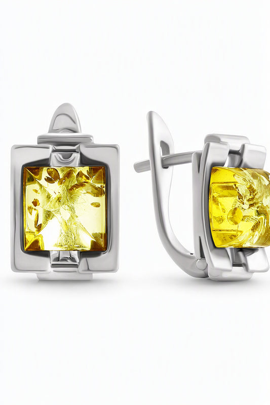 Square Lemon Amber Silver Earrings — DARVIN (Pre-Order)
