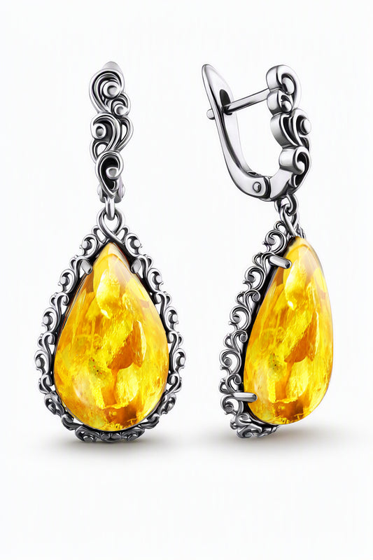 Teardrop Lemon Amber Silver Earrings — DARVIN (Pre-Order)