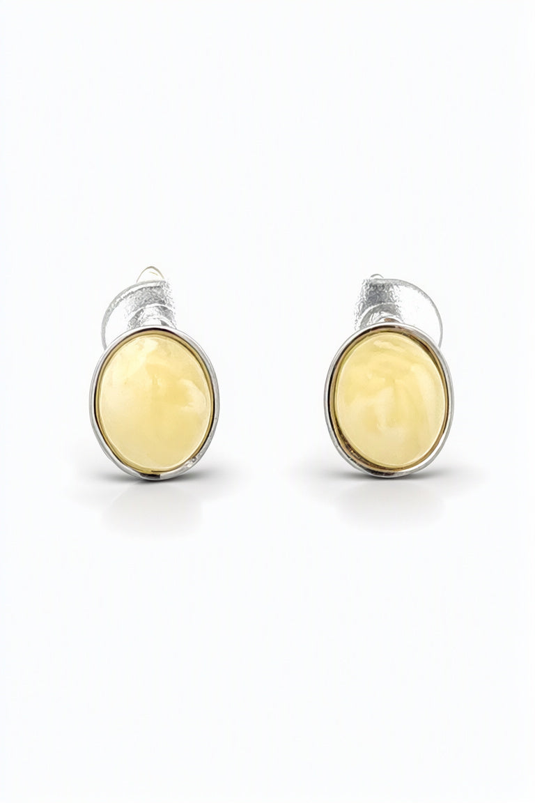 Oval White Amber Silver Earrings — DARVIN (Pre-Order)