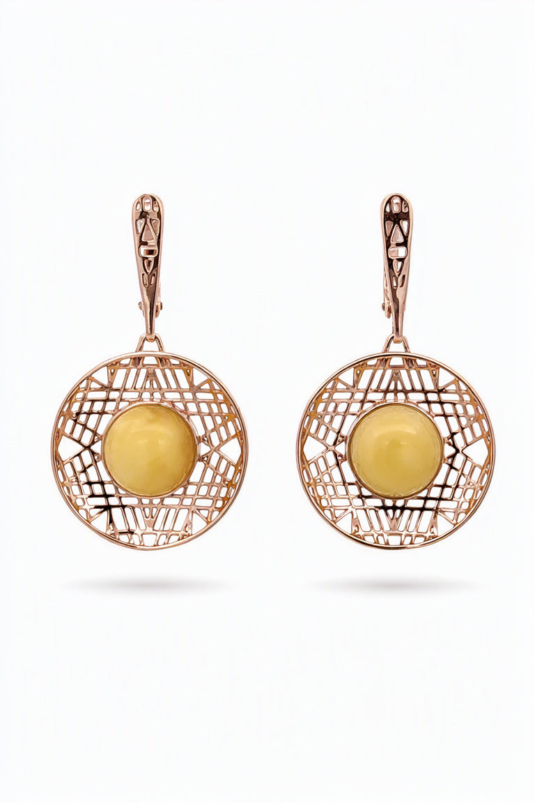 Round White Amber Silver Earrings — DARVIN