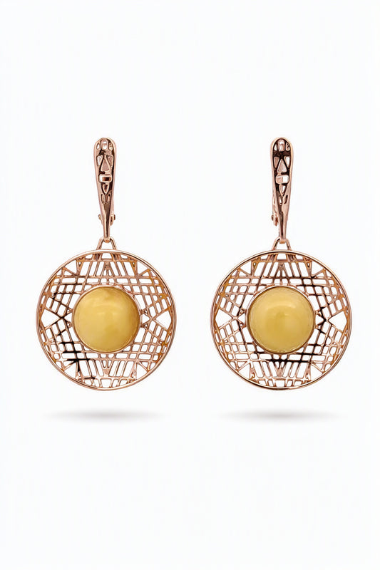 Round White Amber Silver Earrings — DARVIN
