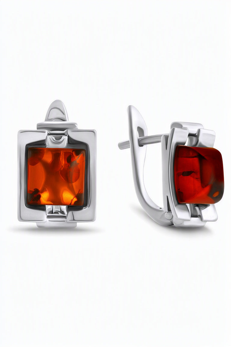 Square Cognac Amber Silver Earrings — DARVIN (Pre-Order)