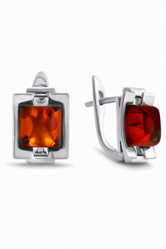 Square Cognac Amber Silver Earrings — DARVIN (Pre-Order)