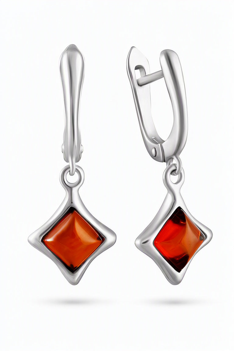 Square Cognac Amber Silver Earrings — DARVIN (Pre-Order)