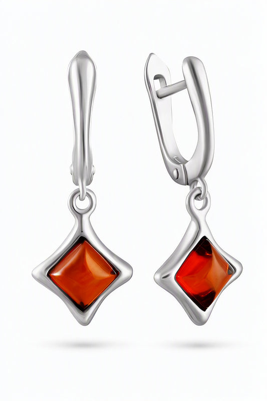 Square Cognac Amber Silver Earrings — DARVIN (Pre-Order)