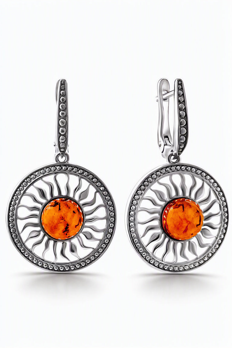 Round Cognac Amber Silver Earrings — DARVIN (Pre-Order)