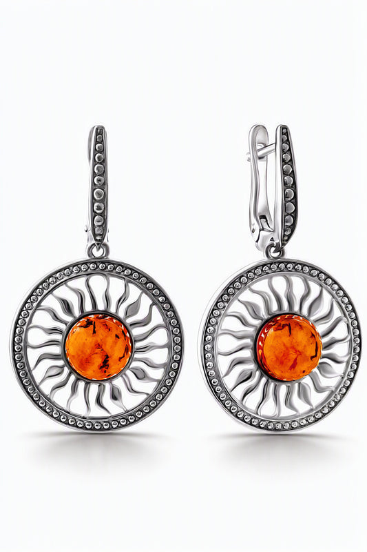 Round Cognac Amber Silver Earrings — DARVIN (Pre-Order)