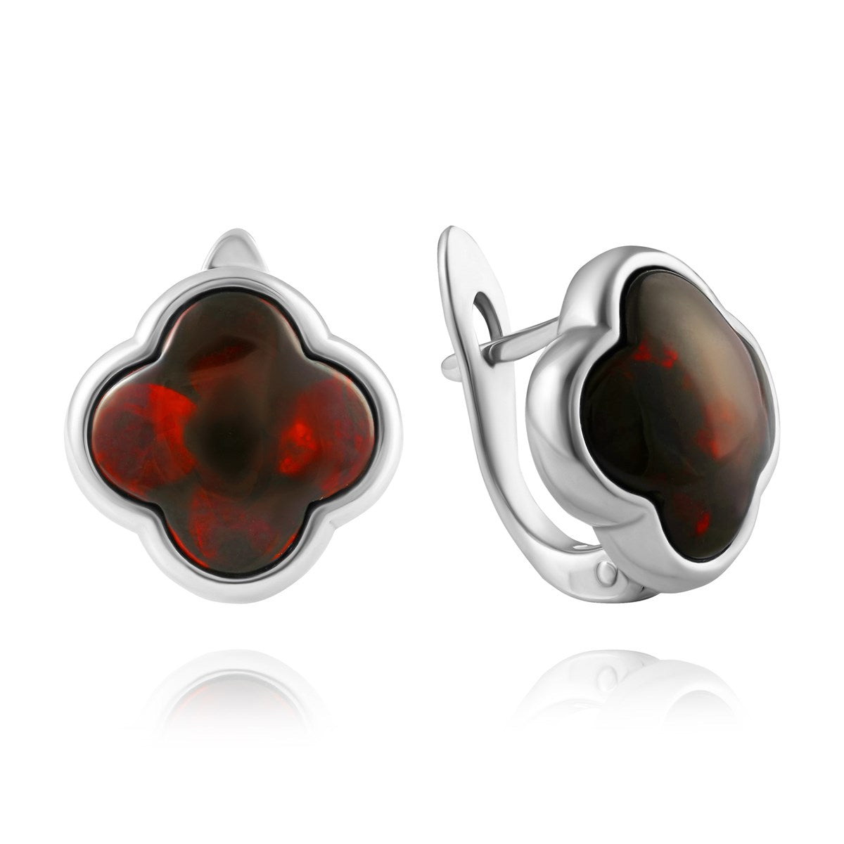 Four-Leaf Clover Cognac Amber Silver Earrings — DARVIN (Pre-Order)