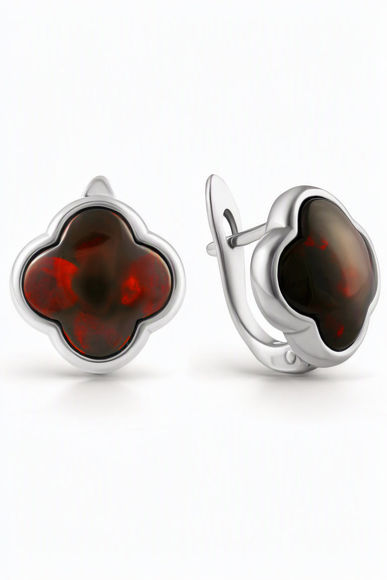 Four-Leaf Clover Cognac Amber Silver Earrings — DARVIN (Pre-Order)