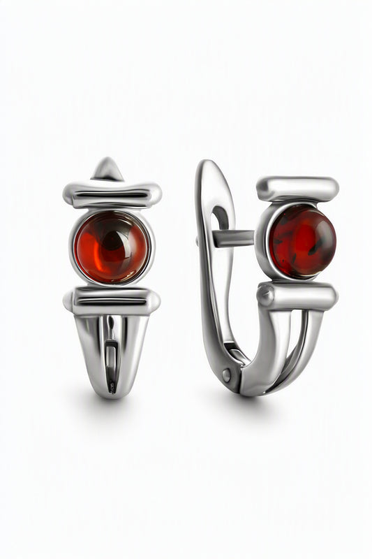 Round Cognac Amber Silver Earrings — DARVIN (Pre-Order)