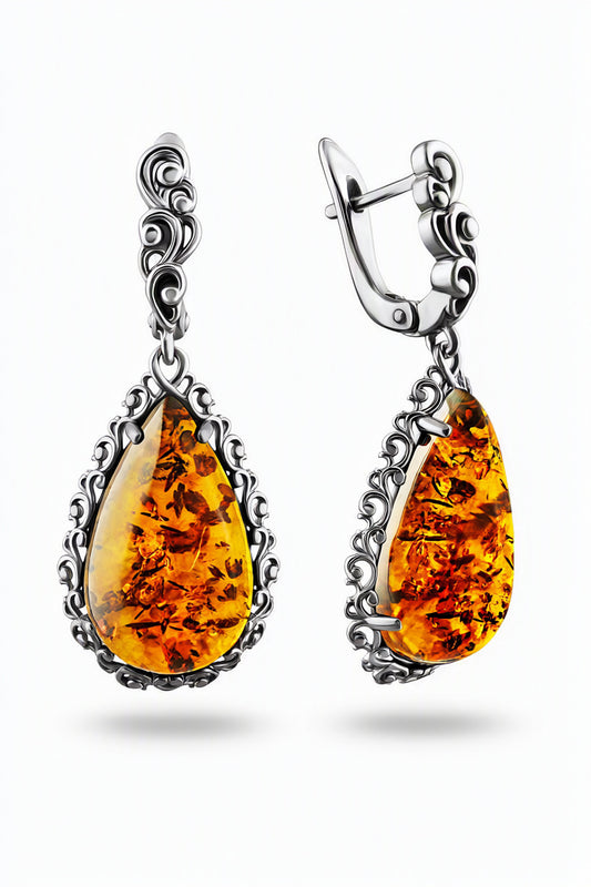 Teardrop Cognac Amber Silver Earrings — DARVIN (Pre-Order)