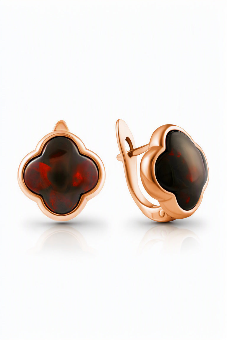Four-Leaf Clover Cognac Amber Silver Earrings — DARVIN (Pre-Order)