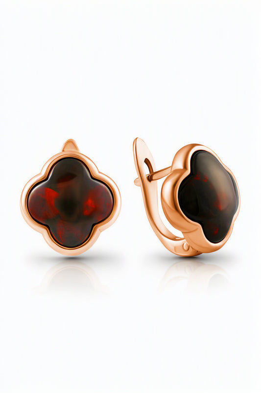 Four-Leaf Clover Cognac Amber Silver Earrings — DARVIN (Pre-Order)