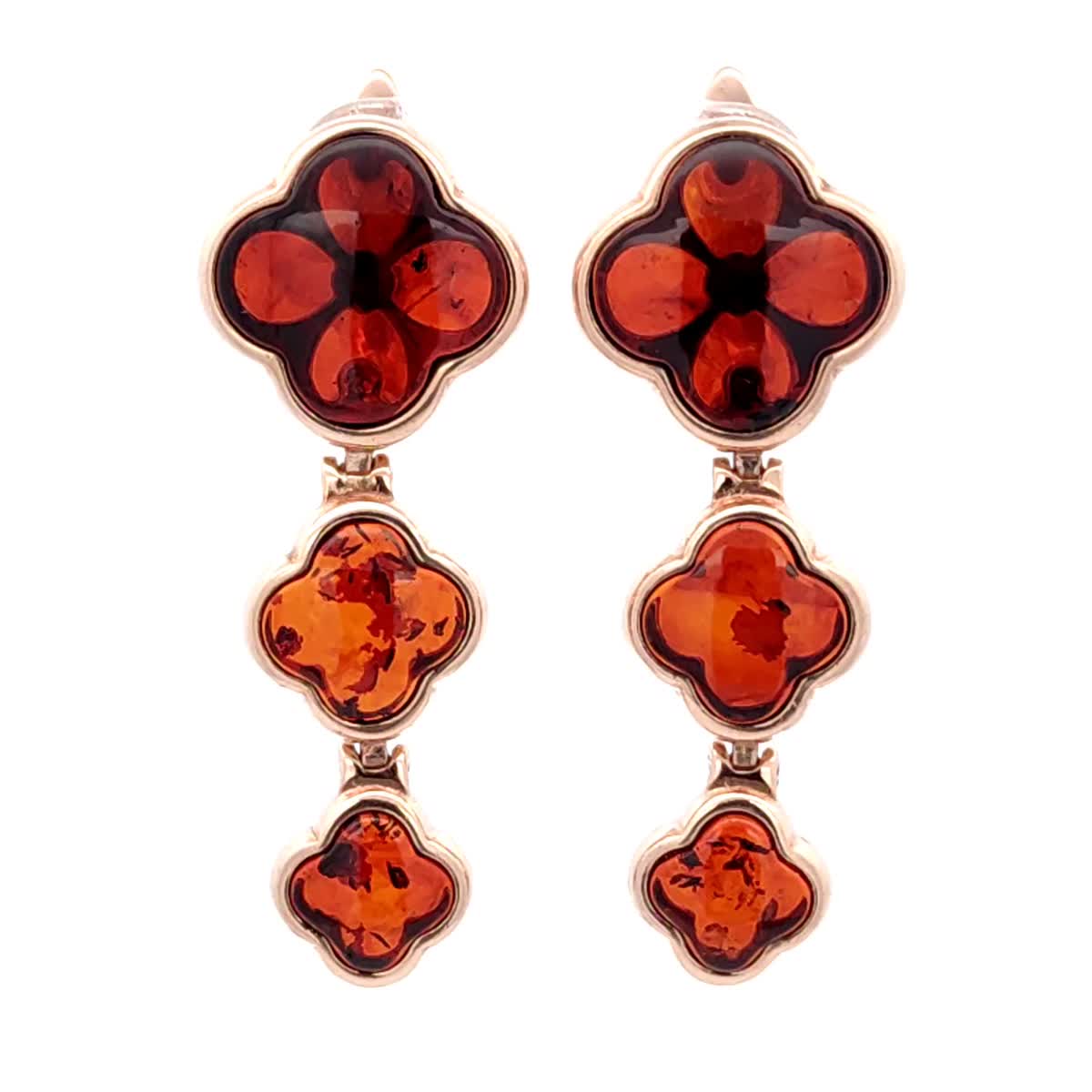 Four-Leaf Clover Cognac Amber Silver Earrings — DARVIN