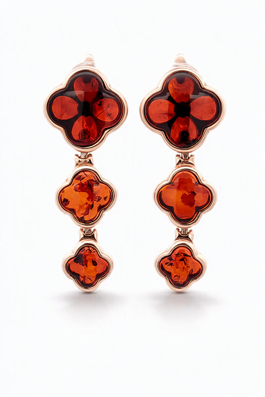 Four-Leaf Clover Cognac Amber Silver Earrings — DARVIN