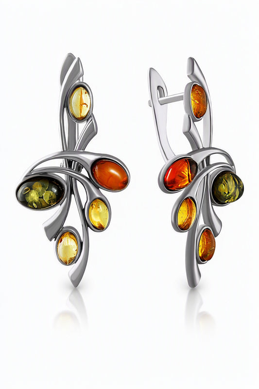 Oval Mixed Amber Silver Earrings — DARVIN