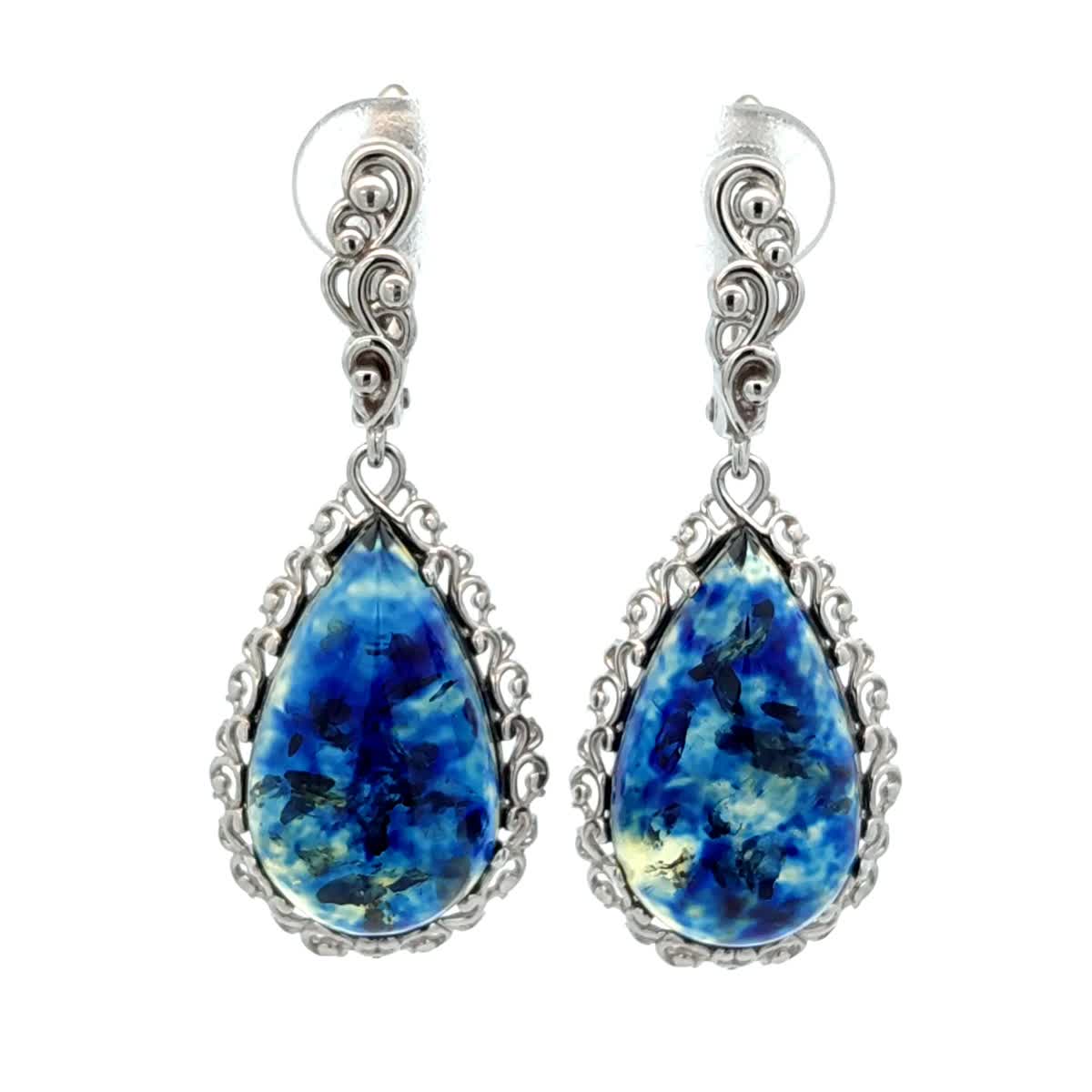 Teardrop Treated Blue Amber Silver Earrings — DARVIN (Pre-Order)