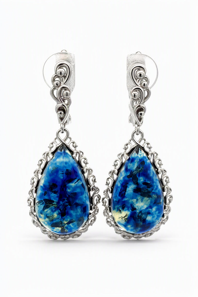 Teardrop Treated Blue Amber Silver Earrings — DARVIN (Pre-Order)
