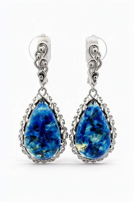 Teardrop Treated Blue Amber Silver Earrings — DARVIN (Pre-Order)