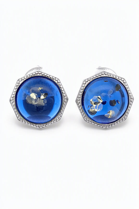 Round Sapphire Blue Amber Silver Earrings — DARVIN (Pre-Order)