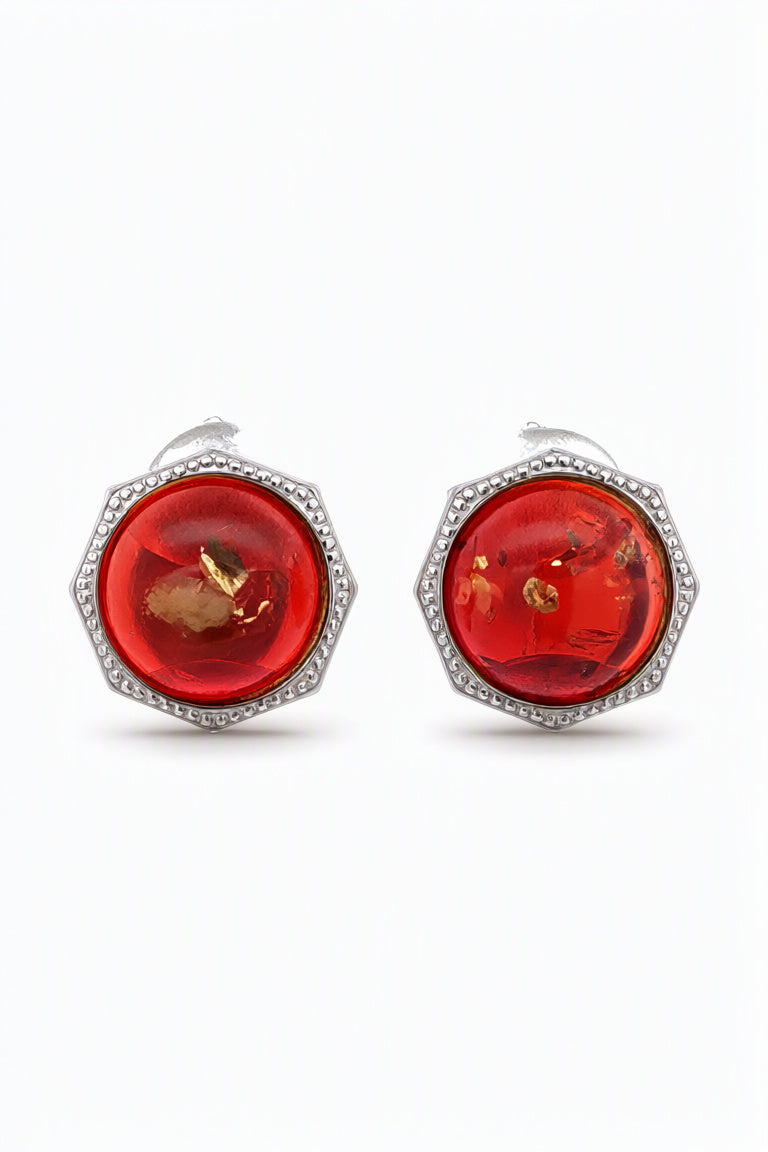 Round Ruby Red Amber Silver Earrings — DARVIN (Pre-Order)