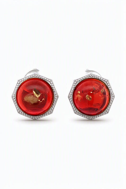 Round Ruby Red Amber Silver Earrings — DARVIN (Pre-Order)