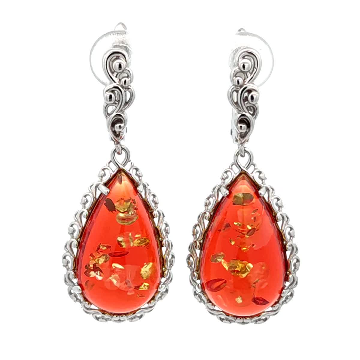 Teardrop Ruby Red Amber Silver Earrings — DARVIN (Pre-Order)