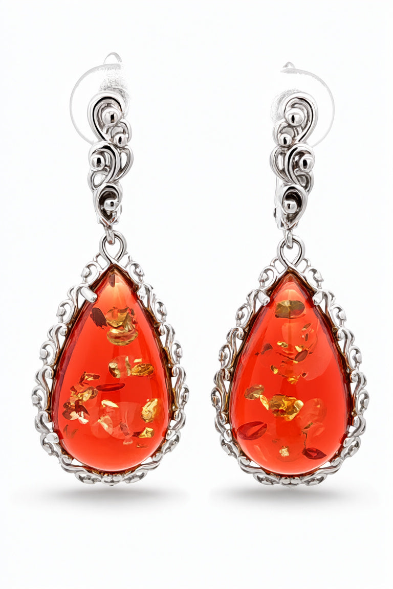 Teardrop Ruby Red Amber Silver Earrings — DARVIN (Pre-Order)