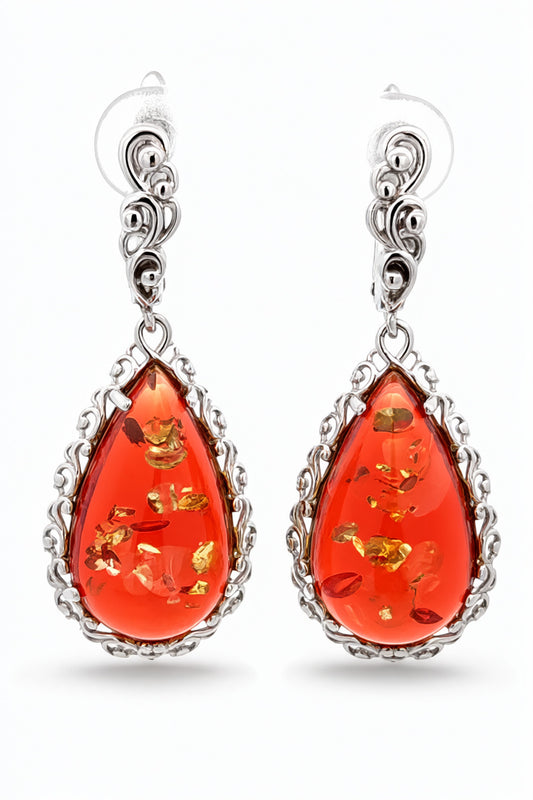Teardrop Ruby Red Amber Silver Earrings — DARVIN (Pre-Order)