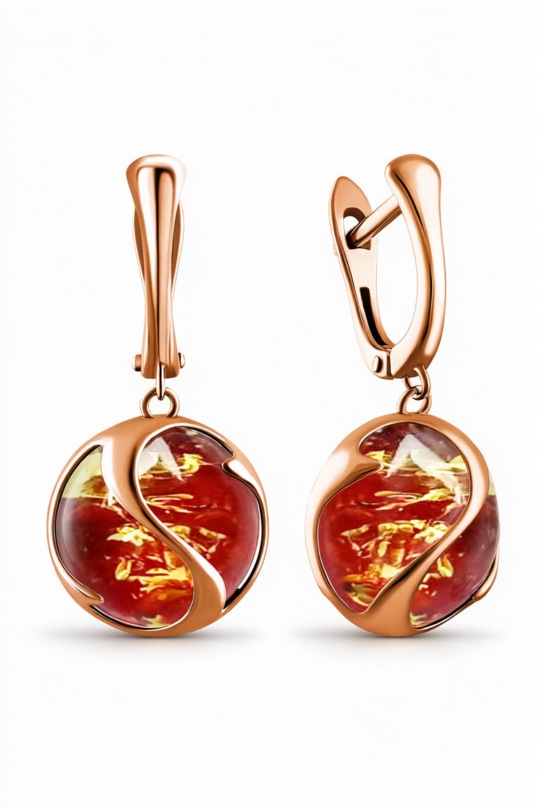 Round Ruby Red Amber Silver Earrings — DARVIN (Pre-Order)