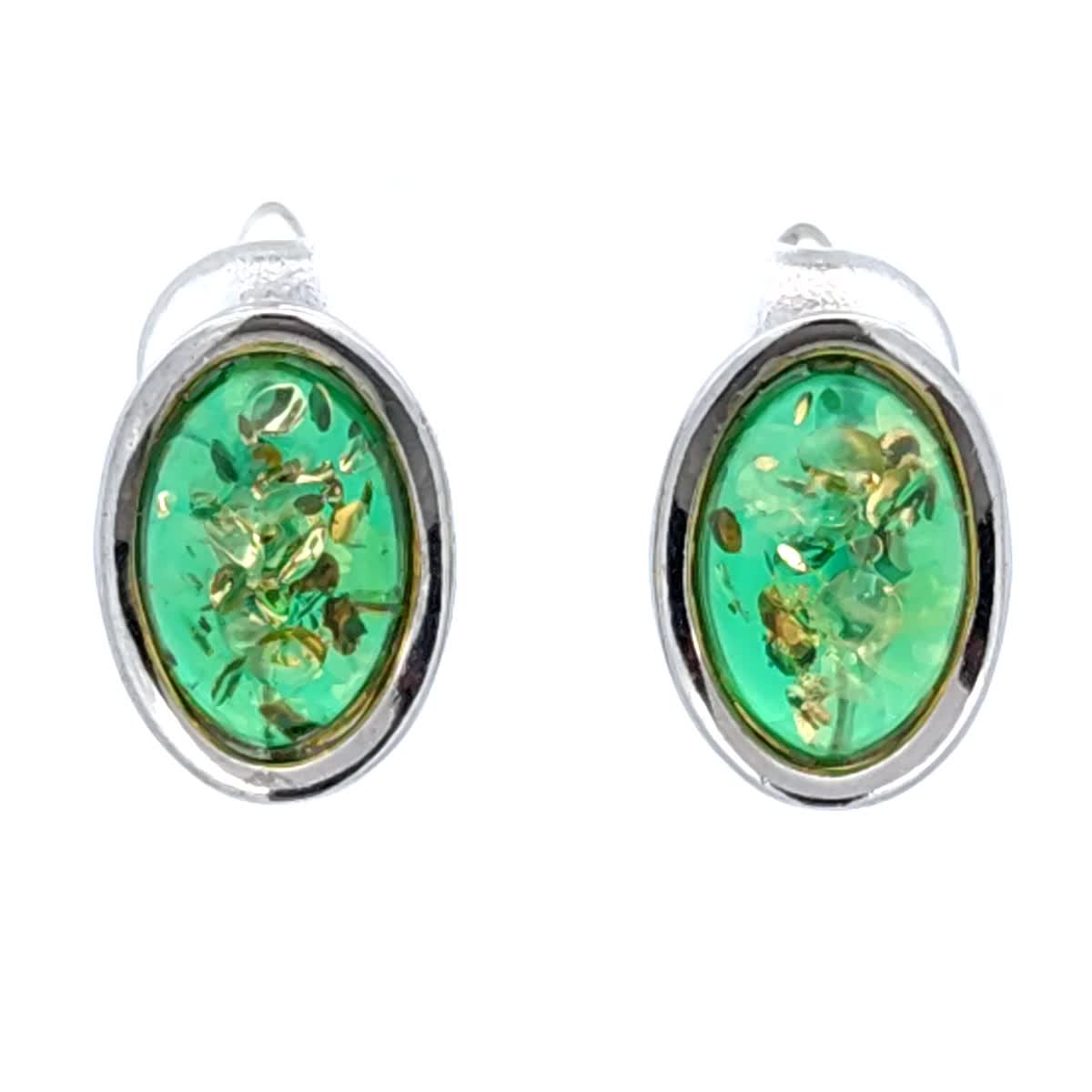 Oval Emerald Green Amber Silver Earrings — DARVIN (Pre-Order)