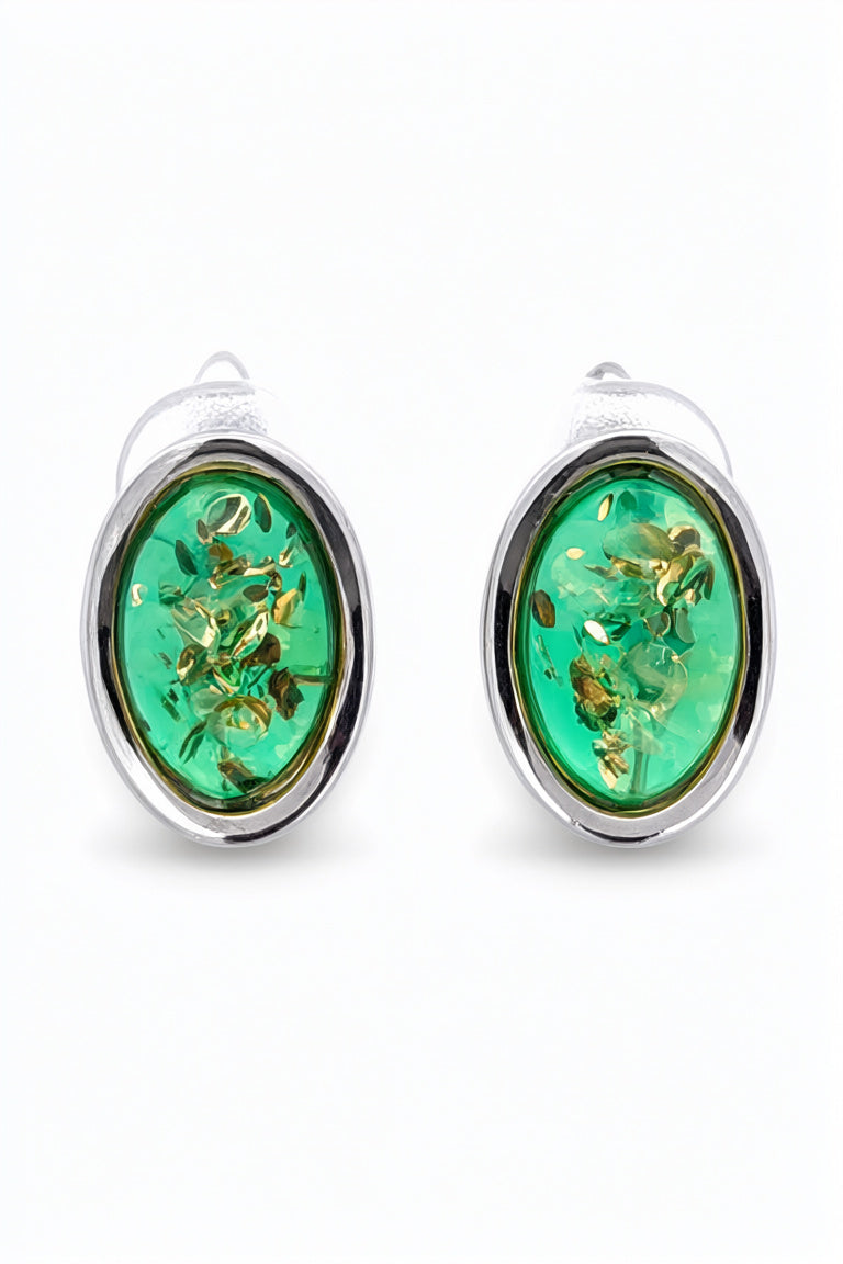Oval Emerald Green Amber Silver Earrings — DARVIN (Pre-Order)