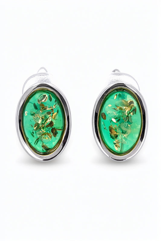 Oval Emerald Green Amber Silver Earrings — DARVIN (Pre-Order)
