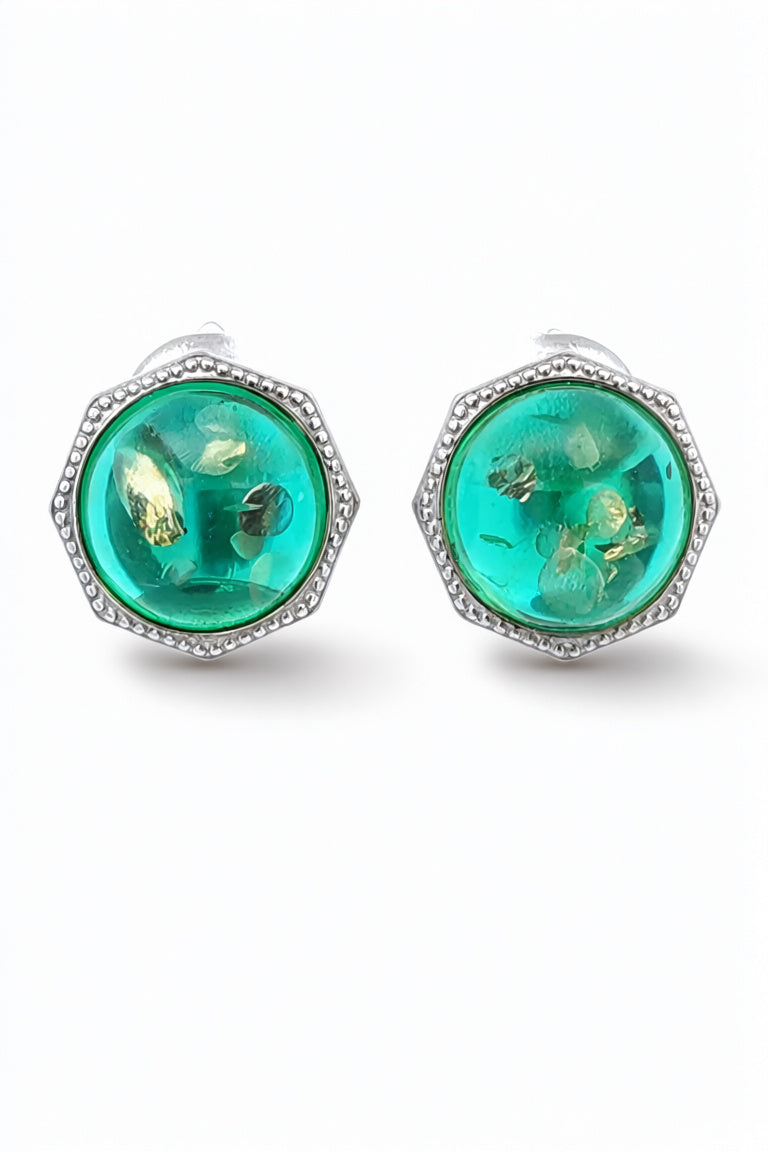Round Emerald Green Amber Silver Earrings — DARVIN (Pre-Order)
