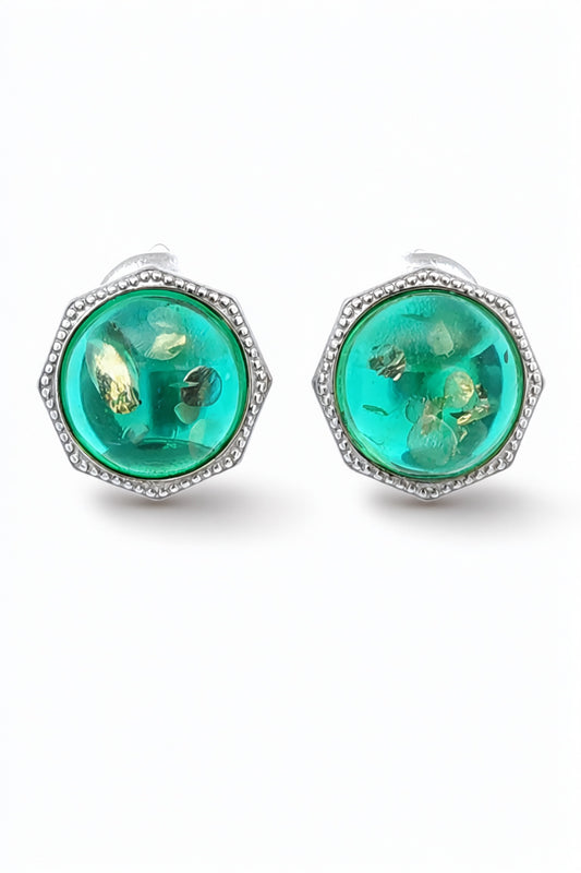Round Emerald Green Amber Silver Earrings — DARVIN (Pre-Order)