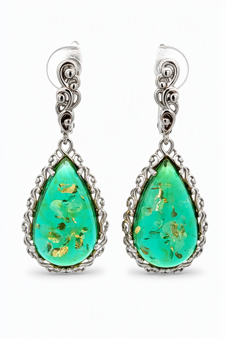 Teardrop Emerald Green Amber Silver Earrings — DARVIN (Pre-Order)