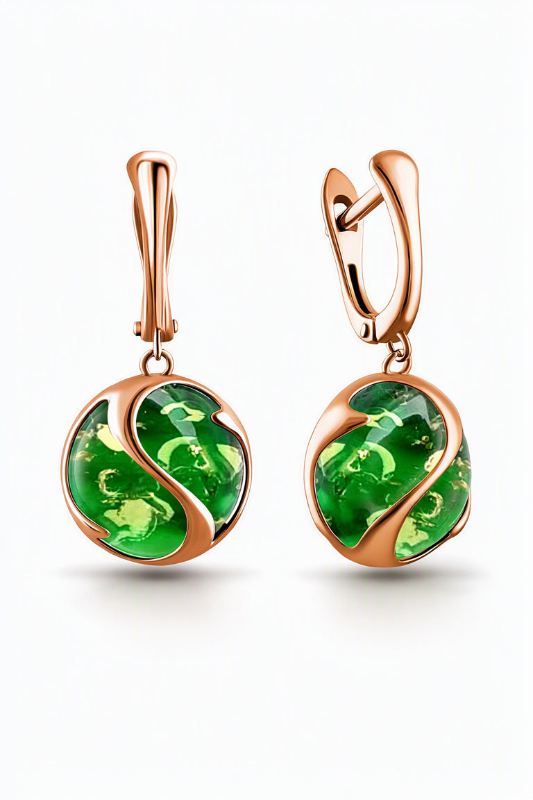 Round Emerald Green Amber Silver Earrings — DARVIN (Pre-Order)